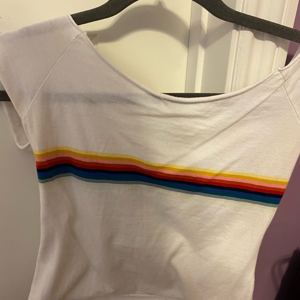 John Galt off the shoulder rainbow stripe top
